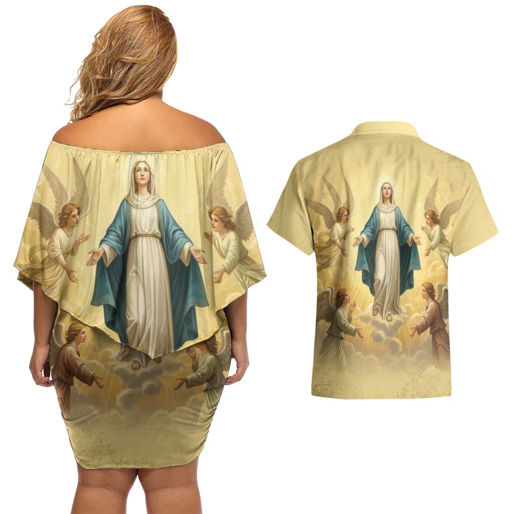 Blessed Virgin Mary Couples Matching Off Shoulder Short Dress and Hawaiian Shirt Falling Asleep of the Mother of God - Wonder Print Shop
