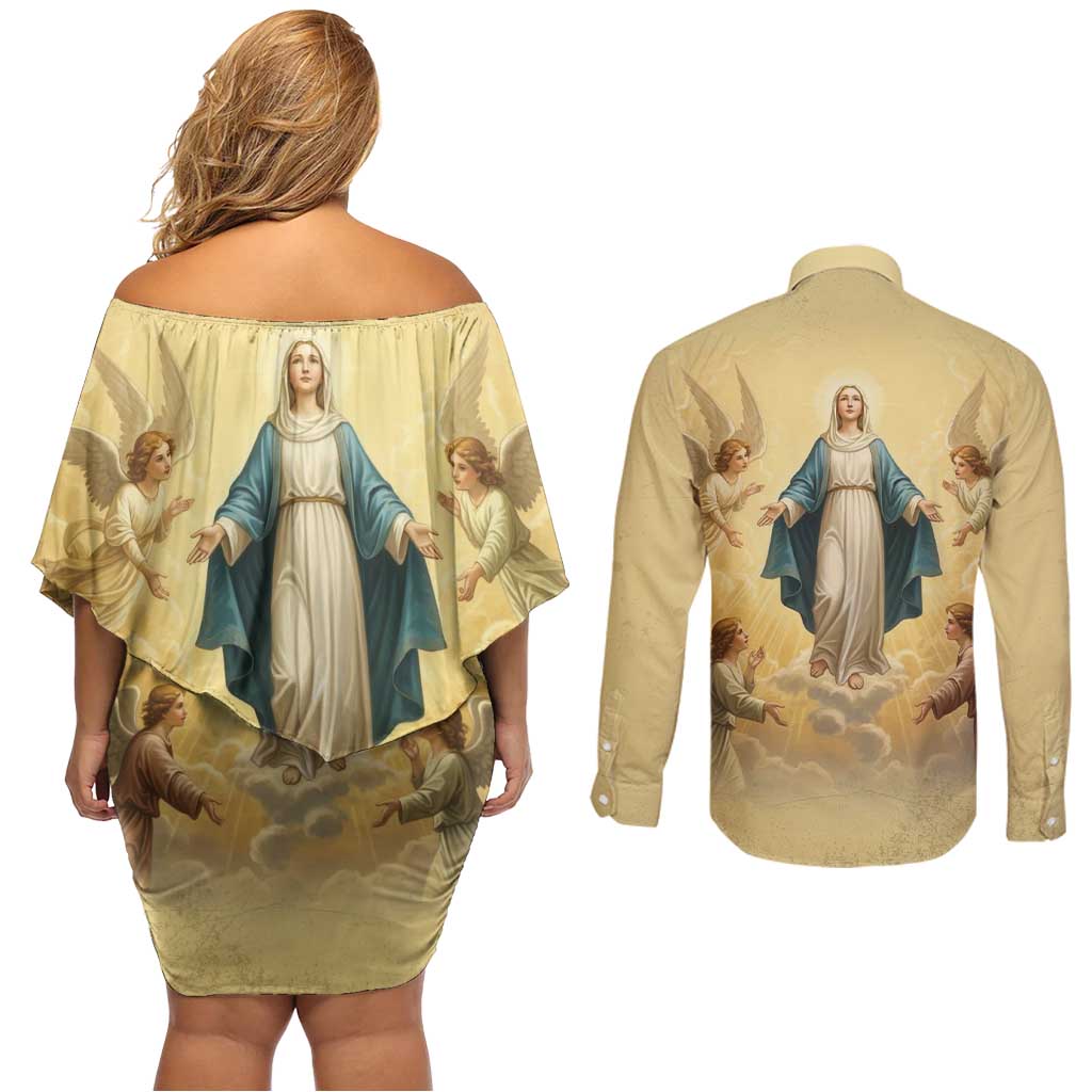 Blessed Virgin Mary Couples Matching Off Shoulder Short Dress and Long Sleeve Button Shirt Falling Asleep of the Mother of God - Wonder Print Shop