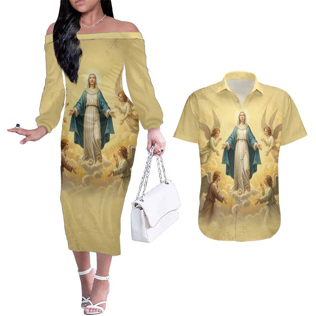 Blessed Virgin Mary Couples Matching Off The Shoulder Long Sleeve Dress and Hawaiian Shirt Falling Asleep of the Mother of God - Wonder Print Shop