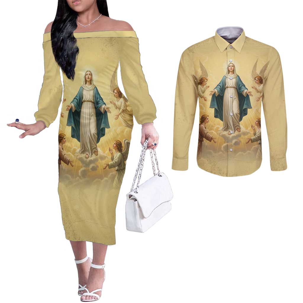 Blessed Virgin Mary Couples Matching Off The Shoulder Long Sleeve Dress and Long Sleeve Button Shirt Falling Asleep of the Mother of God - Wonder Print Shop