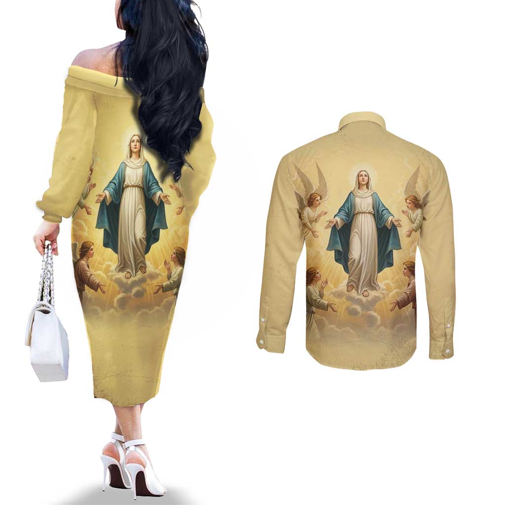 Blessed Virgin Mary Couples Matching Off The Shoulder Long Sleeve Dress and Long Sleeve Button Shirt Falling Asleep of the Mother of God - Wonder Print Shop