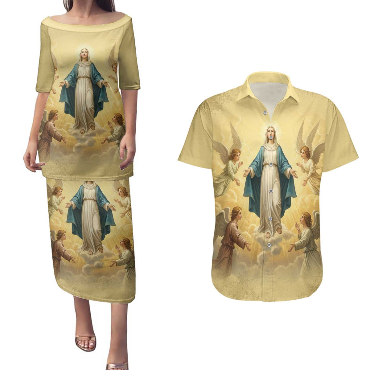 Blessed Virgin Mary Couples Matching Puletasi and Hawaiian Shirt Falling Asleep of the Mother of God - Wonder Print Shop
