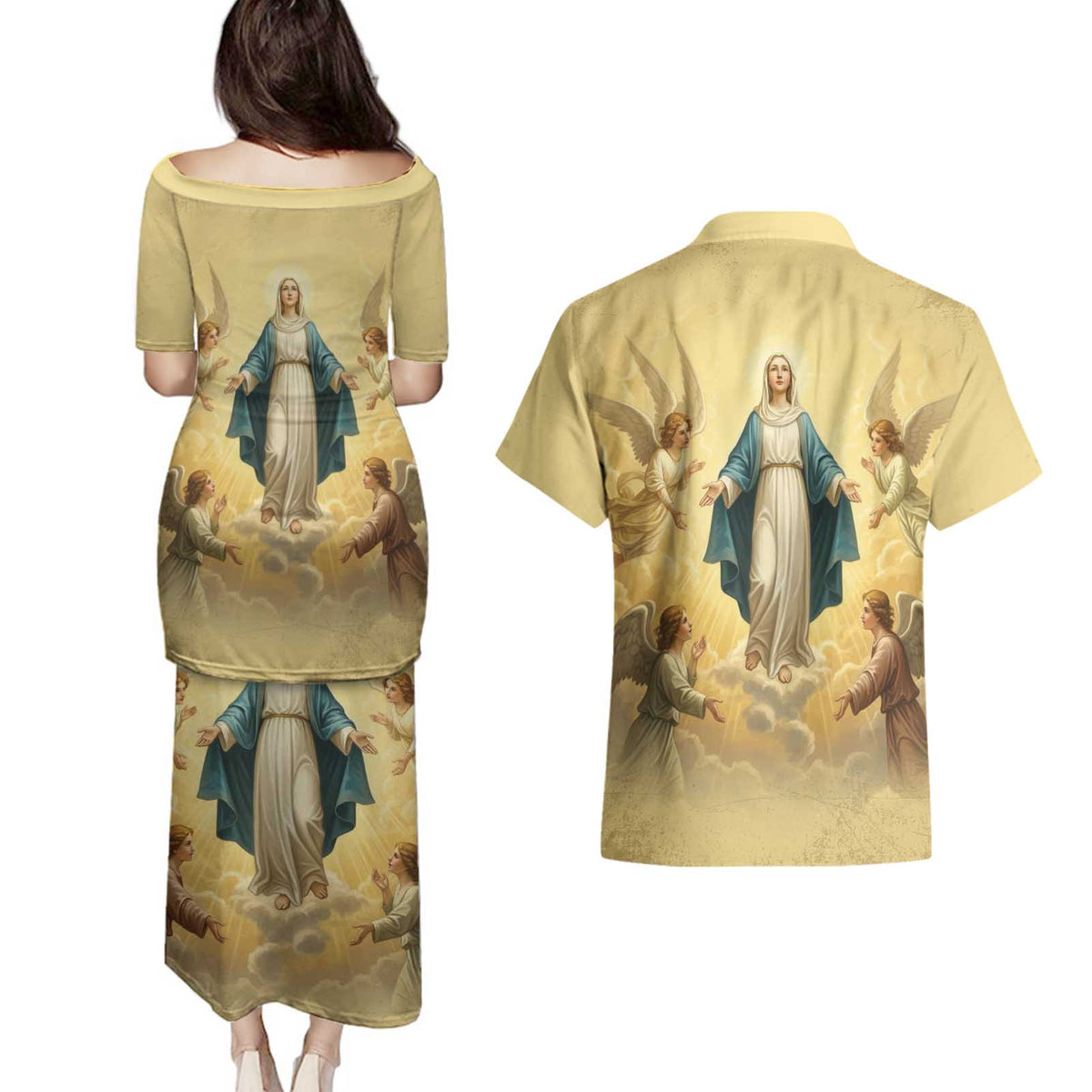 Blessed Virgin Mary Couples Matching Puletasi and Hawaiian Shirt Falling Asleep of the Mother of God - Wonder Print Shop
