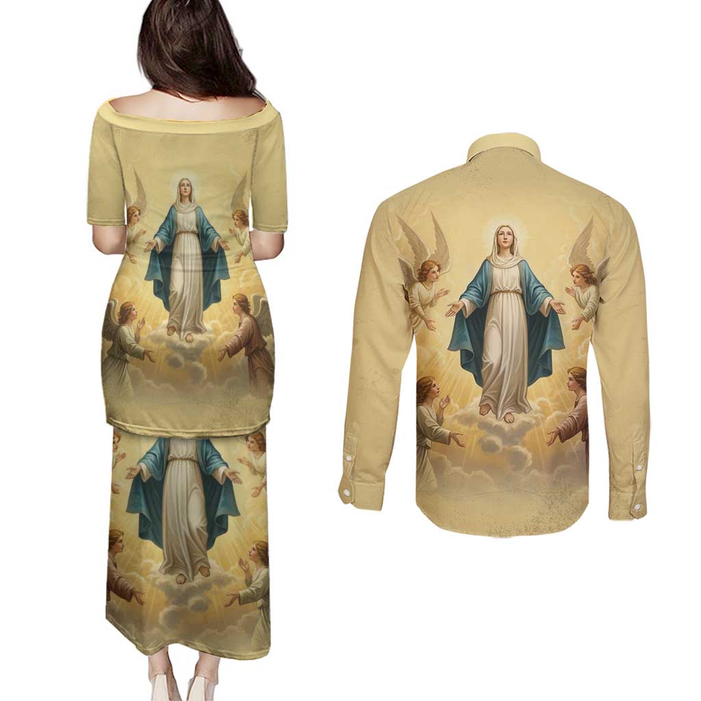 Blessed Virgin Mary Couples Matching Puletasi and Long Sleeve Button Shirt Falling Asleep of the Mother of God - Wonder Print Shop