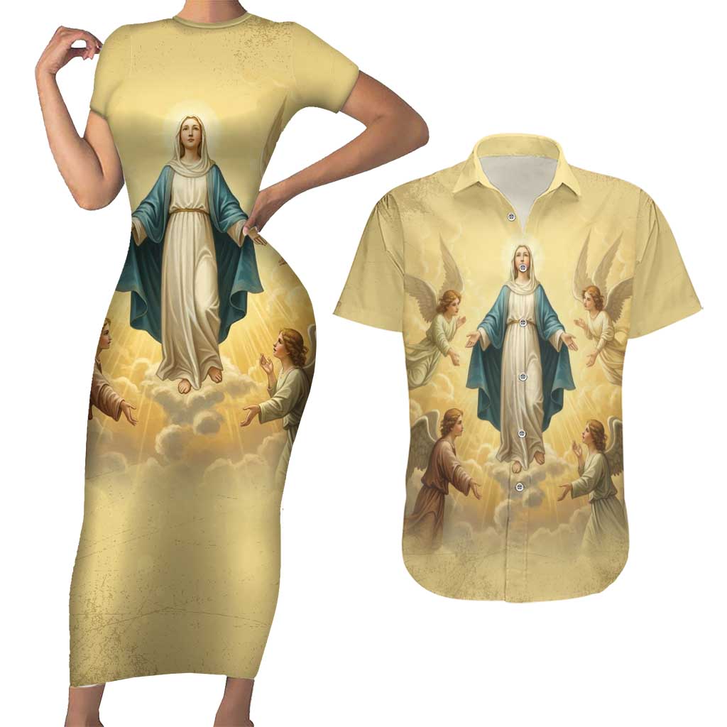 Blessed Virgin Mary Couples Matching Short Sleeve Bodycon Dress and Hawaiian Shirt Falling Asleep of the Mother of God - Wonder Print Shop