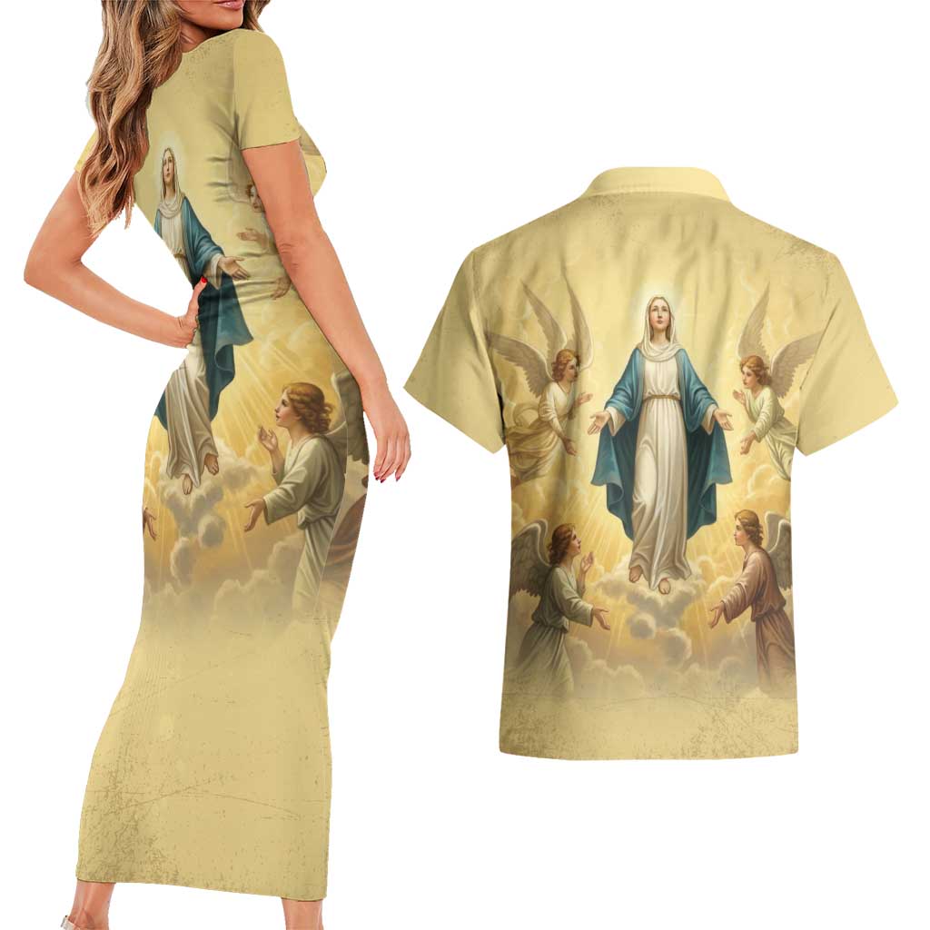 Blessed Virgin Mary Couples Matching Short Sleeve Bodycon Dress and Hawaiian Shirt Falling Asleep of the Mother of God - Wonder Print Shop