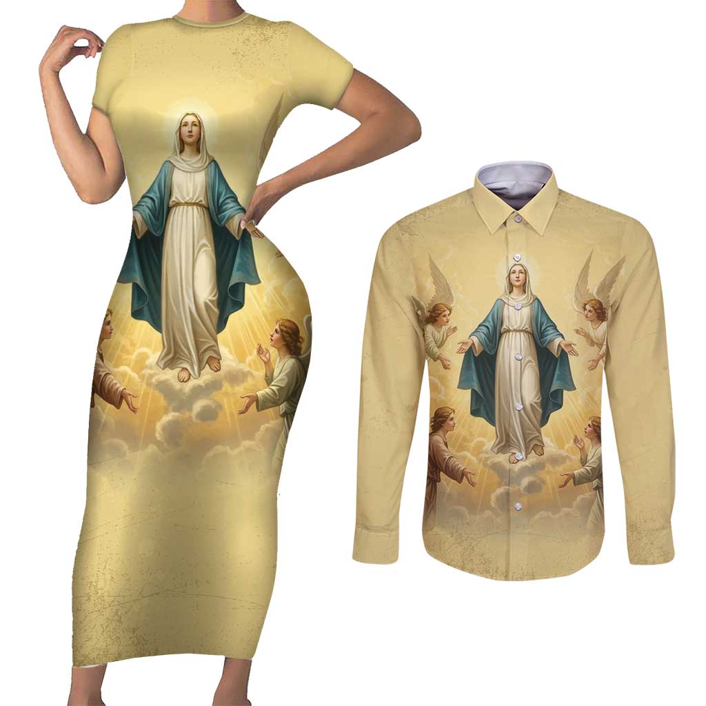 Blessed Virgin Mary Couples Matching Short Sleeve Bodycon Dress and Long Sleeve Button Shirt Falling Asleep of the Mother of God - Wonder Print Shop