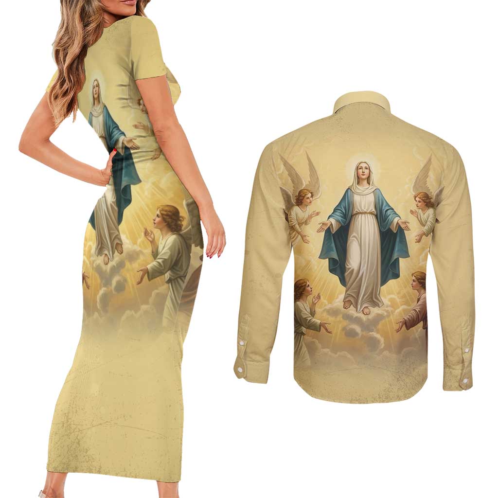 Blessed Virgin Mary Couples Matching Short Sleeve Bodycon Dress and Long Sleeve Button Shirt Falling Asleep of the Mother of God - Wonder Print Shop