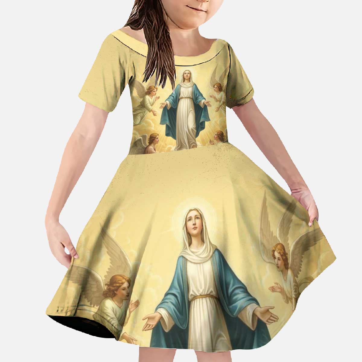 Blessed Virgin Mary Family Matching Off The Shoulder Long Sleeve Dress and Hawaiian Shirt Falling Asleep of the Mother of God - Wonder Print Shop