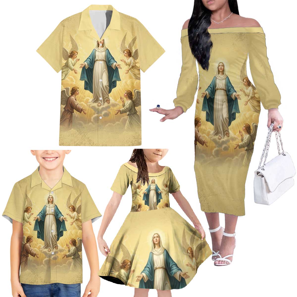 Blessed Virgin Mary Family Matching Off The Shoulder Long Sleeve Dress and Hawaiian Shirt Falling Asleep of the Mother of God - Wonder Print Shop