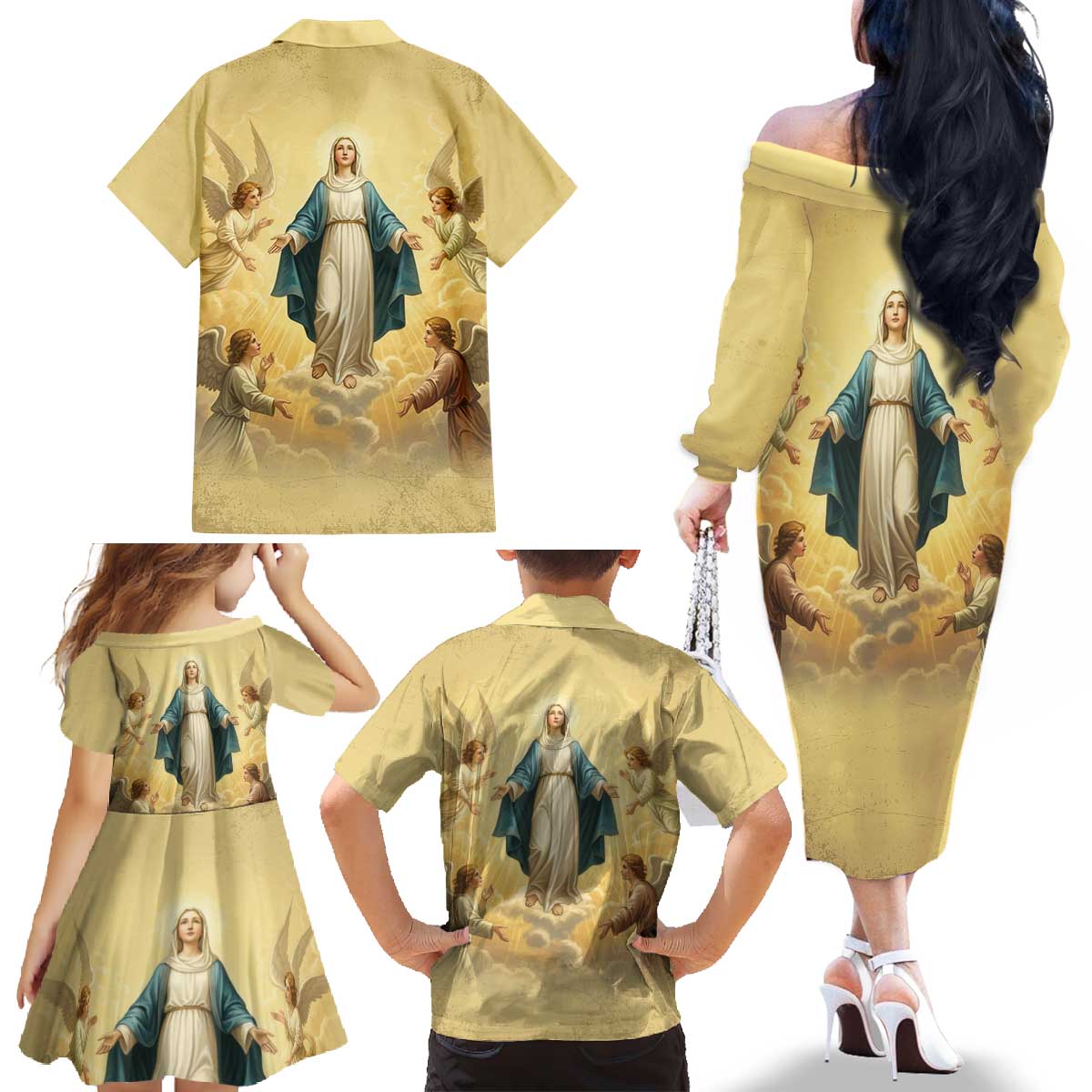 Blessed Virgin Mary Family Matching Off The Shoulder Long Sleeve Dress and Hawaiian Shirt Falling Asleep of the Mother of God - Wonder Print Shop