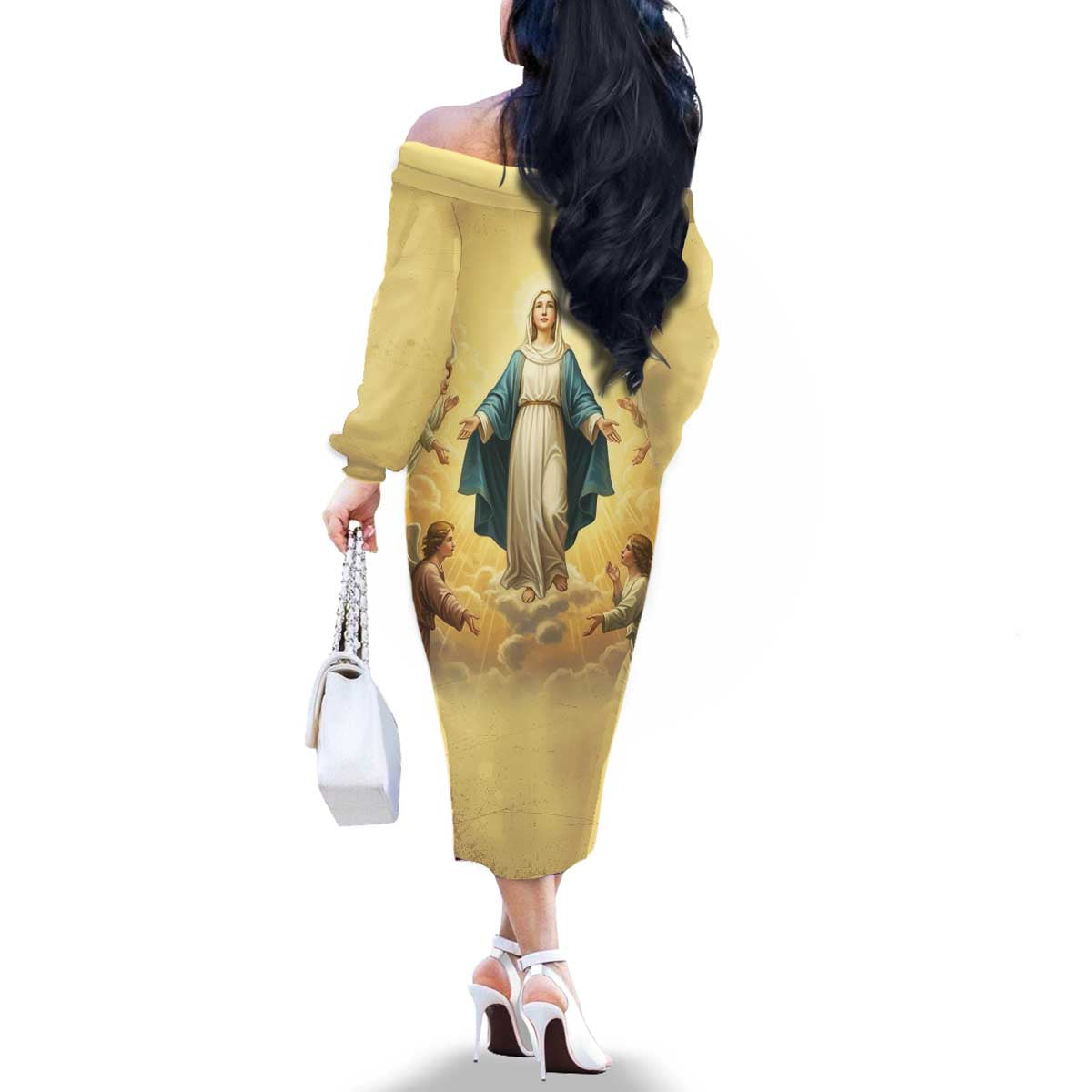 Blessed Virgin Mary Family Matching Off The Shoulder Long Sleeve Dress and Hawaiian Shirt Falling Asleep of the Mother of God - Wonder Print Shop