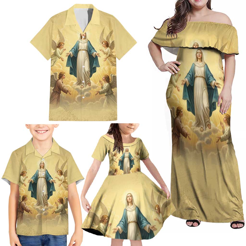 Blessed Virgin Mary Family Matching Off Shoulder Maxi Dress and Hawaiian Shirt Falling Asleep of the Mother of God - Wonder Print Shop
