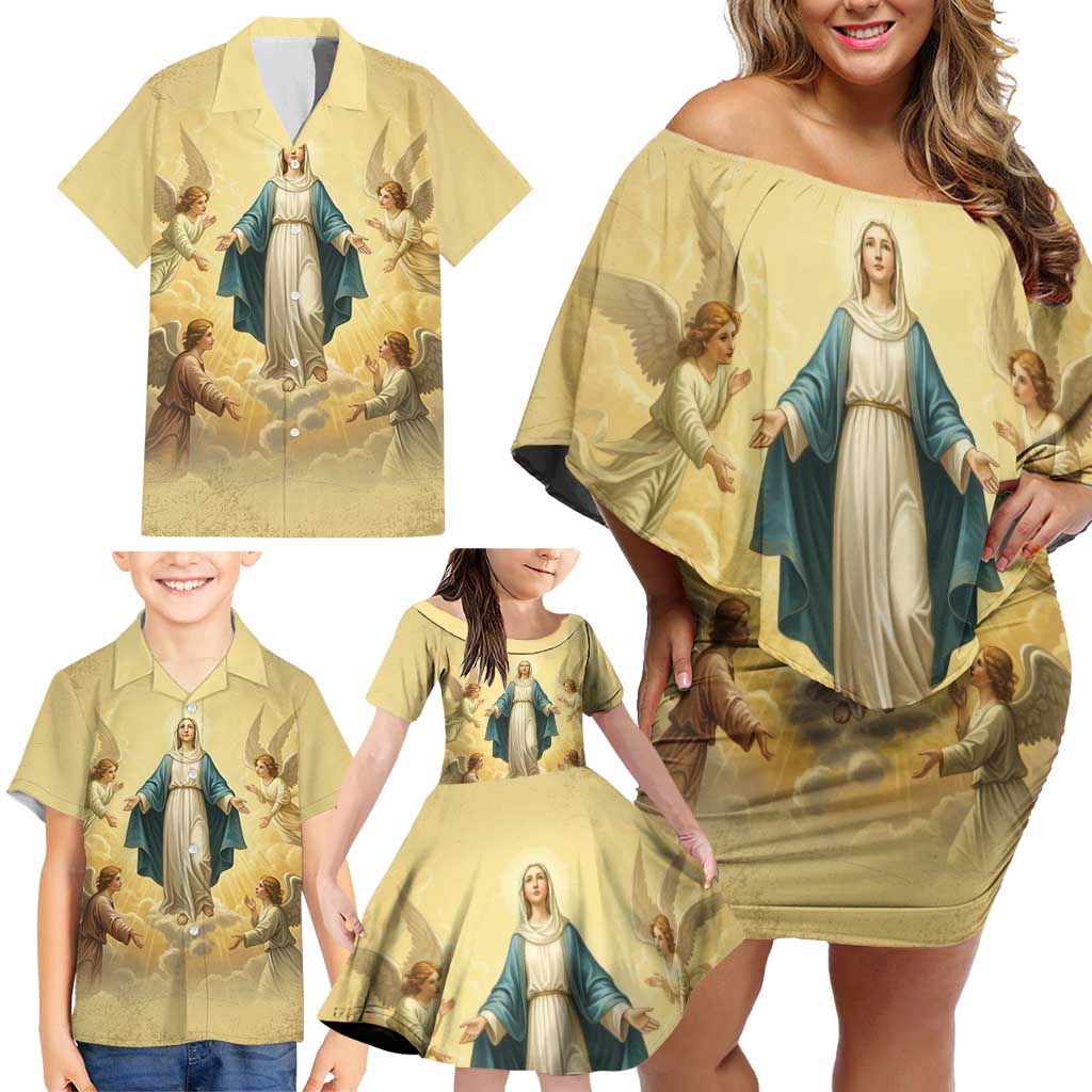 Blessed Virgin Mary Family Matching Off Shoulder Short Dress and Hawaiian Shirt Falling Asleep of the Mother of God - Wonder Print Shop