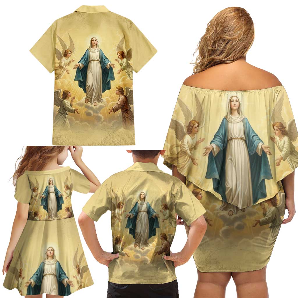 Blessed Virgin Mary Family Matching Off Shoulder Short Dress and Hawaiian Shirt Falling Asleep of the Mother of God - Wonder Print Shop