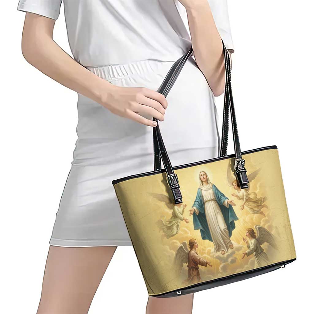 Blessed Virgin Mary Leather Tote Bag Falling Asleep of the Mother of God - Wonder Print Shop
