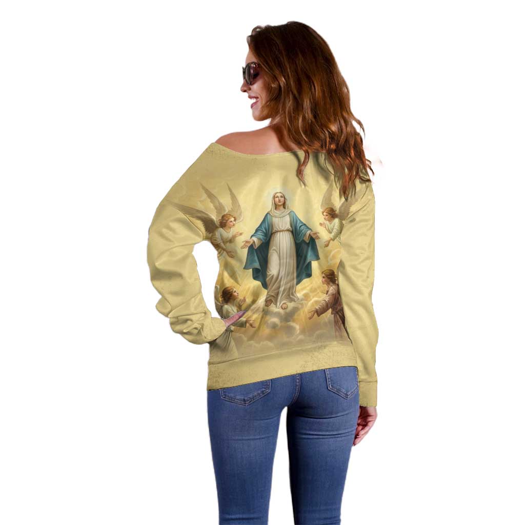 Blessed Virgin Mary Off Shoulder Sweater Falling Asleep of the Mother of God - Wonder Print Shop