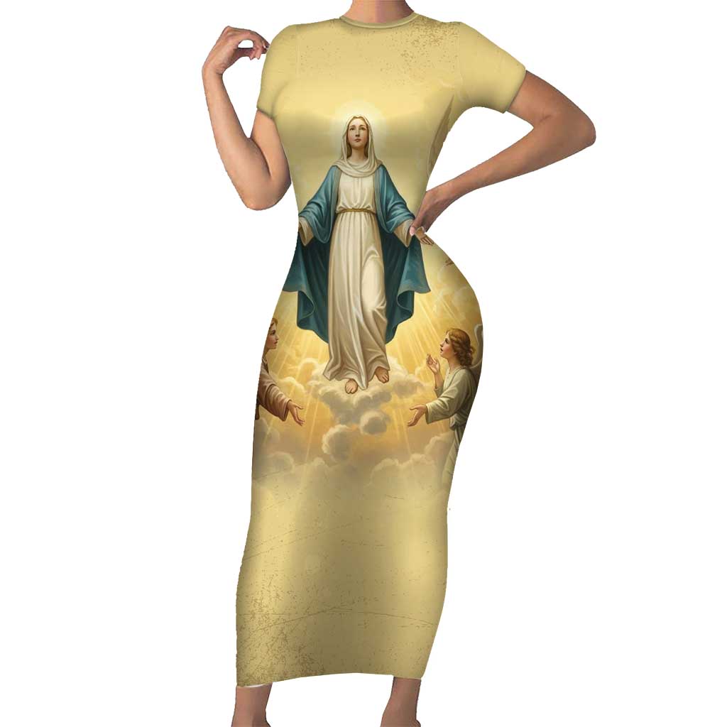 Blessed Virgin Mary Short Sleeve Bodycon Dress Falling Asleep of the Mother of God - Wonder Print Shop