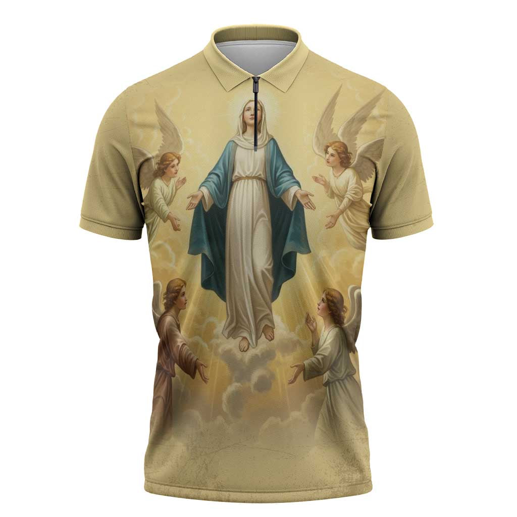 Blessed Virgin Mary Zipper Polo Shirt Falling Asleep of the Mother of God - Wonder Print Shop