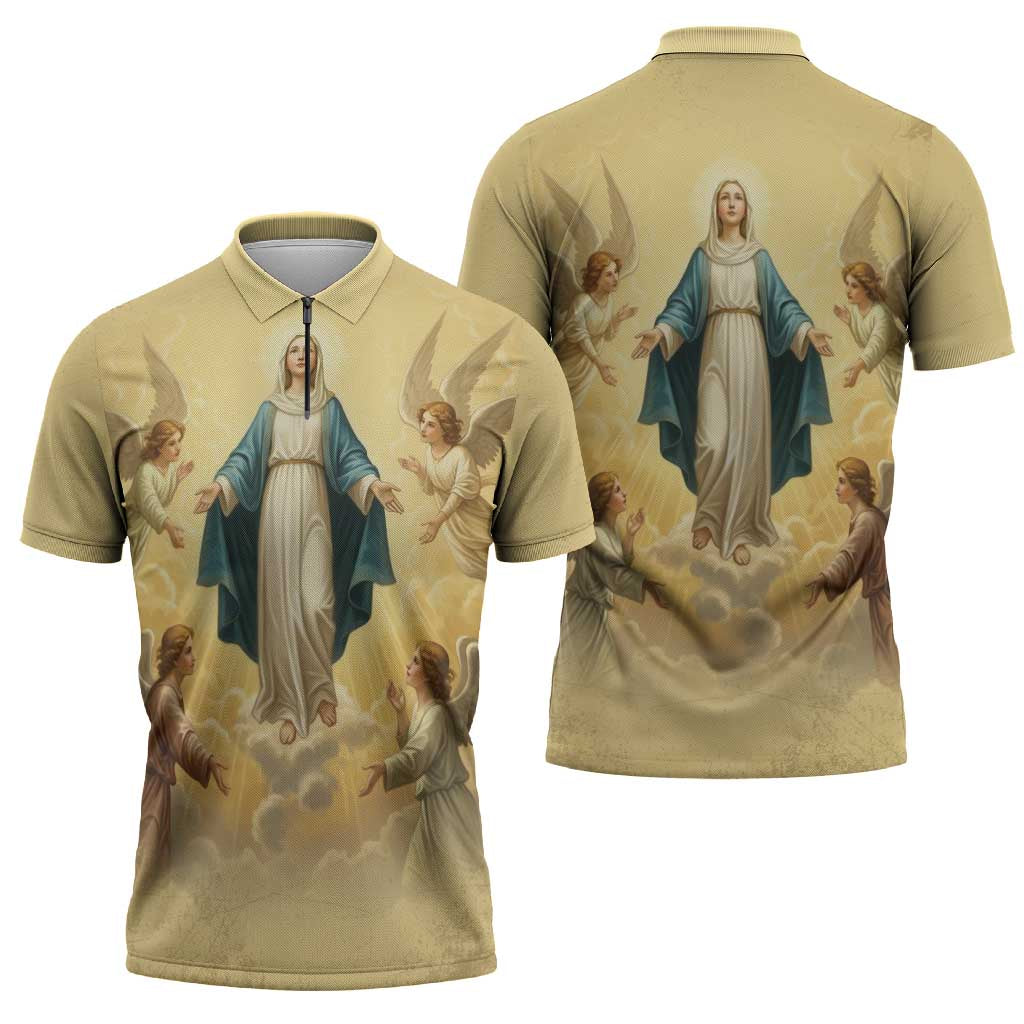 Blessed Virgin Mary Zipper Polo Shirt Falling Asleep of the Mother of God - Wonder Print Shop