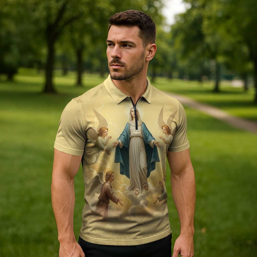 Blessed Virgin Mary Zipper Polo Shirt Falling Asleep of the Mother of God - Wonder Print Shop