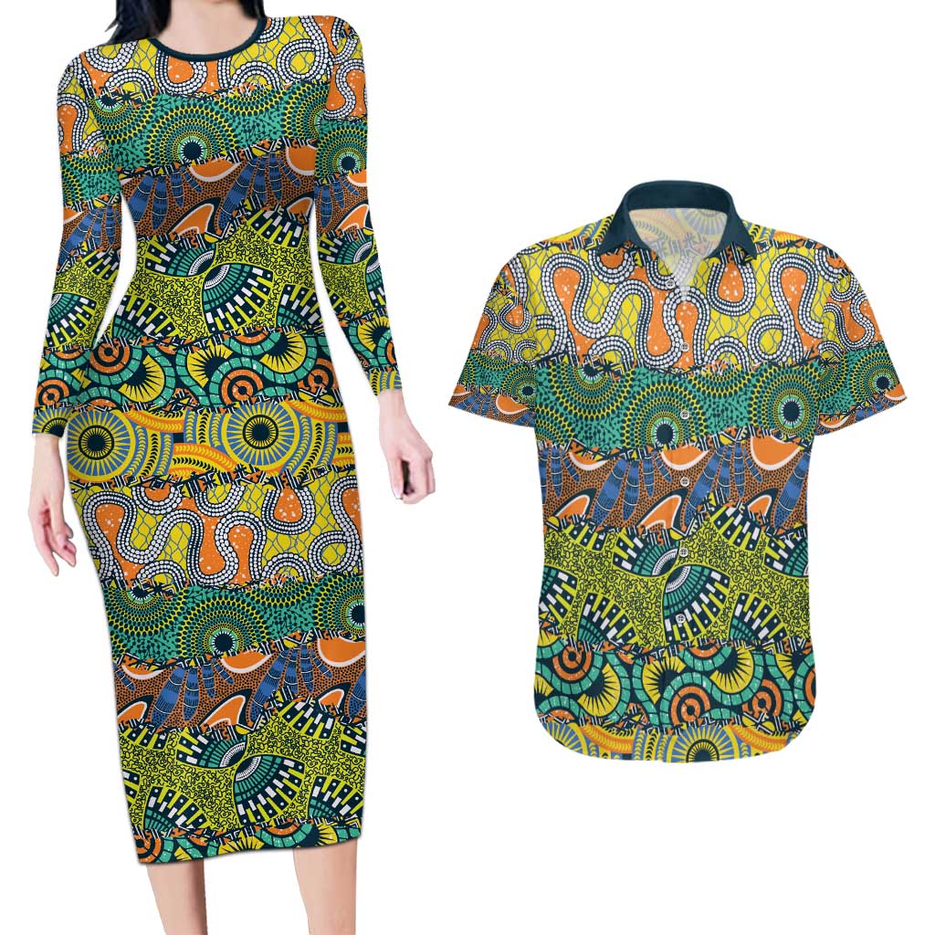 Africa Tribal Mixed Pattern Couples Matching Long Sleeve Bodycon Dress and Hawaiian Shirt - Wonder Print Shop