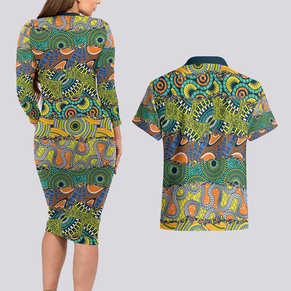 Africa Tribal Mixed Pattern Couples Matching Long Sleeve Bodycon Dress and Hawaiian Shirt - Wonder Print Shop