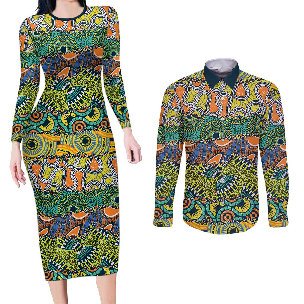 Africa Tribal Mixed Pattern Couples Matching Long Sleeve Bodycon Dress and Long Sleeve Button Shirt - Wonder Print Shop