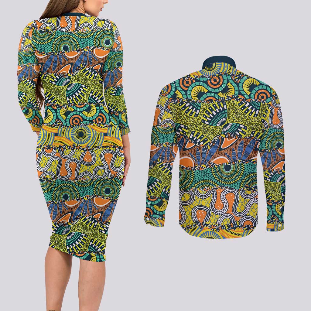 Africa Tribal Mixed Pattern Couples Matching Long Sleeve Bodycon Dress and Long Sleeve Button Shirt - Wonder Print Shop