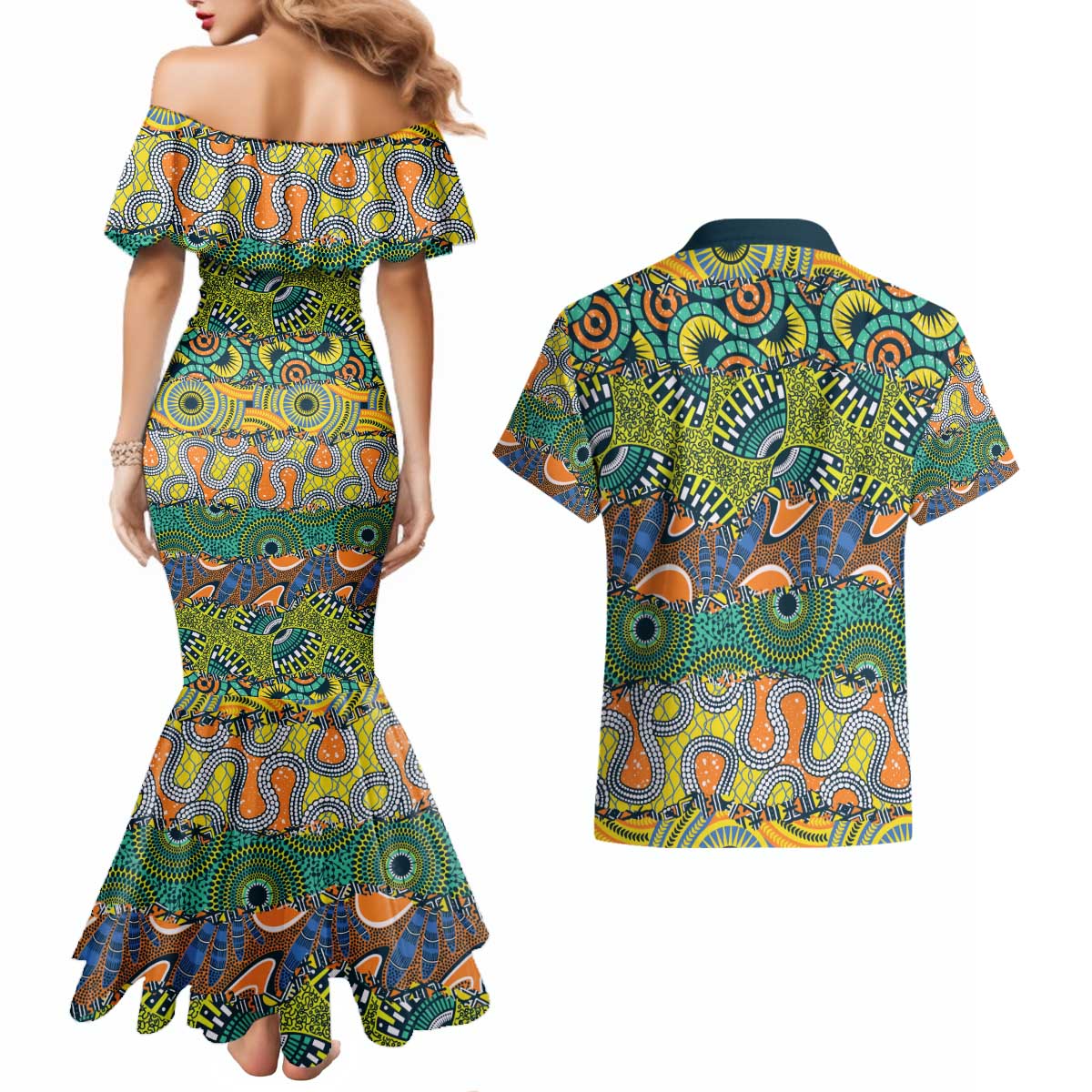 Africa Tribal Mixed Pattern Couples Matching Mermaid Dress and Hawaiian Shirt - Wonder Print Shop