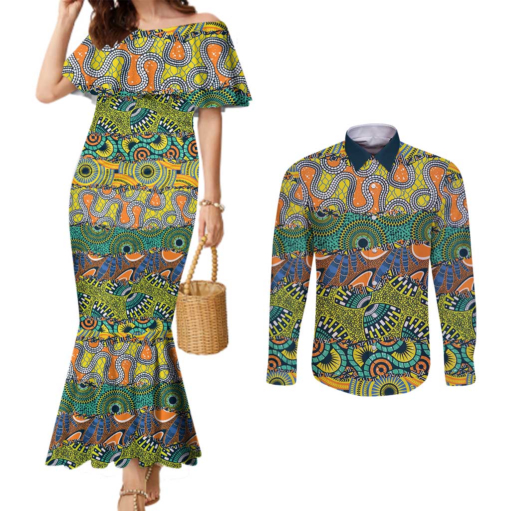 Africa Tribal Mixed Pattern Couples Matching Mermaid Dress and Long Sleeve Button Shirt - Wonder Print Shop