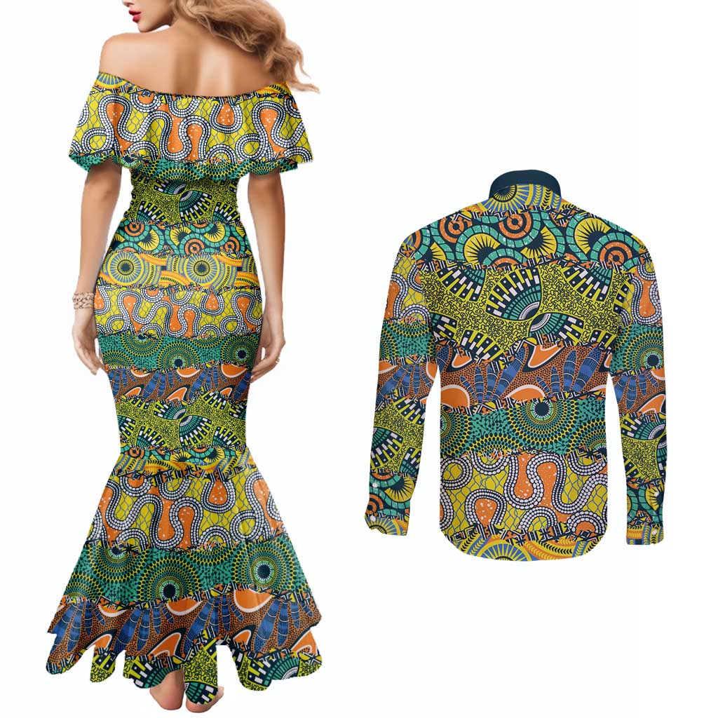 Africa Tribal Mixed Pattern Couples Matching Mermaid Dress and Long Sleeve Button Shirt - Wonder Print Shop