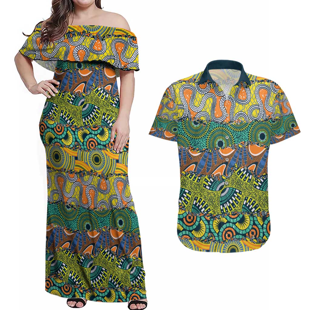 Africa Tribal Mixed Pattern Couples Matching Off Shoulder Maxi Dress and Hawaiian Shirt - Wonder Print Shop