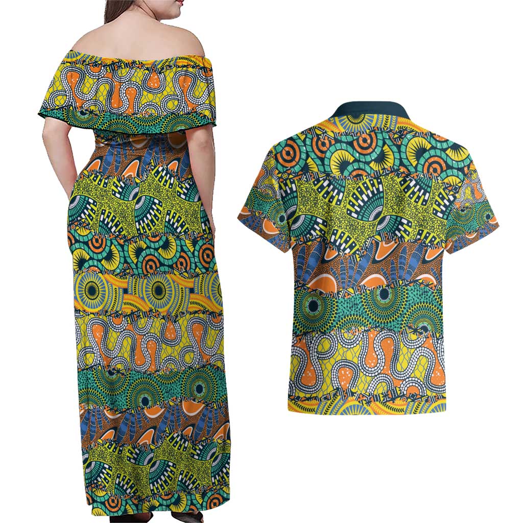 Africa Tribal Mixed Pattern Couples Matching Off Shoulder Maxi Dress and Hawaiian Shirt - Wonder Print Shop