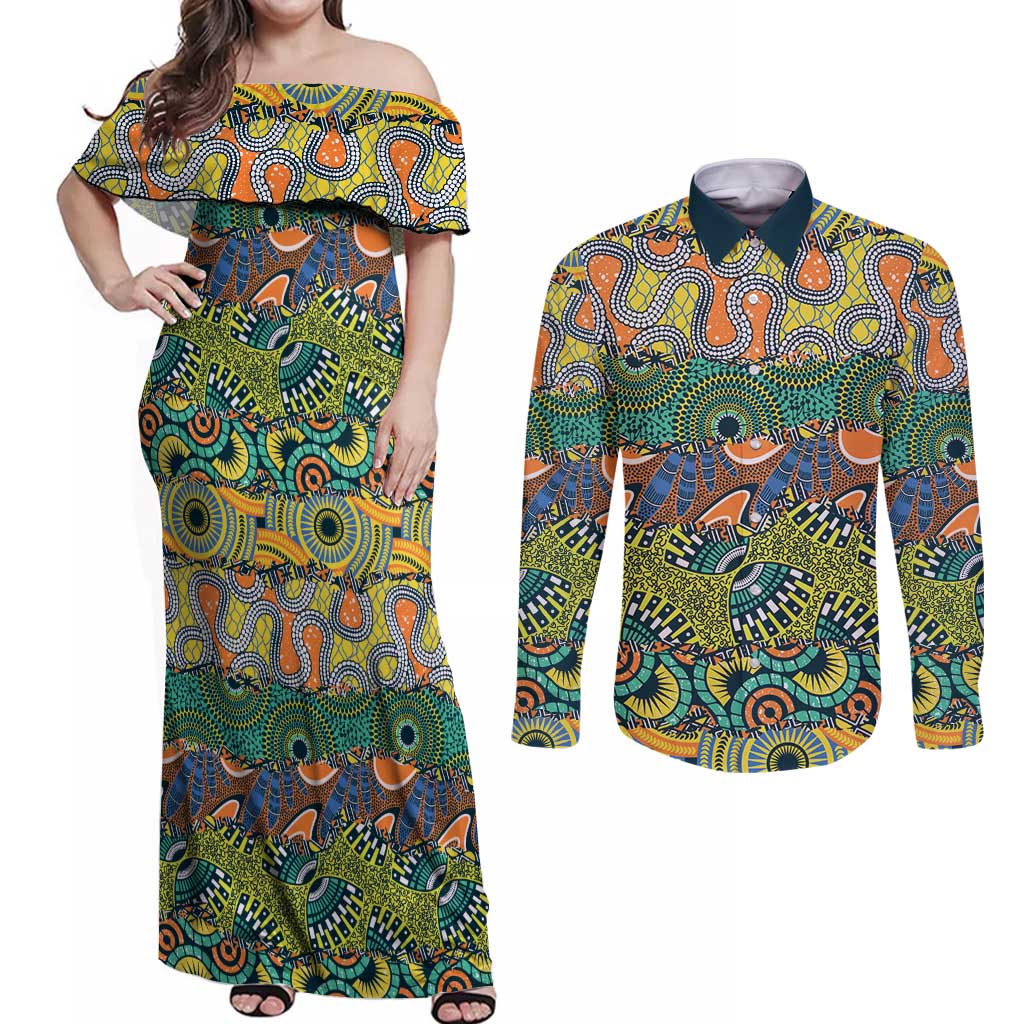 Africa Tribal Mixed Pattern Couples Matching Off Shoulder Maxi Dress and Long Sleeve Button Shirt - Wonder Print Shop