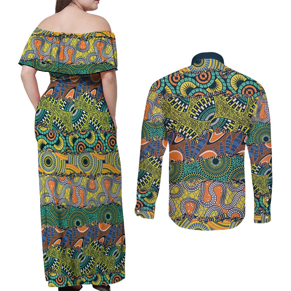 Africa Tribal Mixed Pattern Couples Matching Off Shoulder Maxi Dress and Long Sleeve Button Shirt - Wonder Print Shop