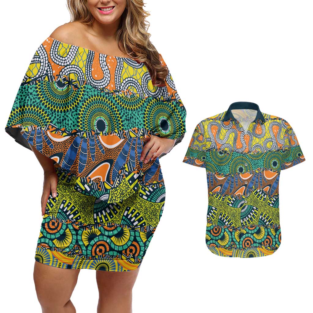 Africa Tribal Mixed Pattern Couples Matching Off Shoulder Short Dress and Hawaiian Shirt - Wonder Print Shop