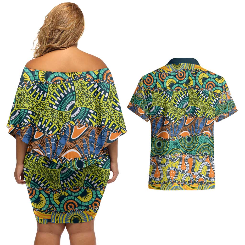 Africa Tribal Mixed Pattern Couples Matching Off Shoulder Short Dress and Hawaiian Shirt - Wonder Print Shop