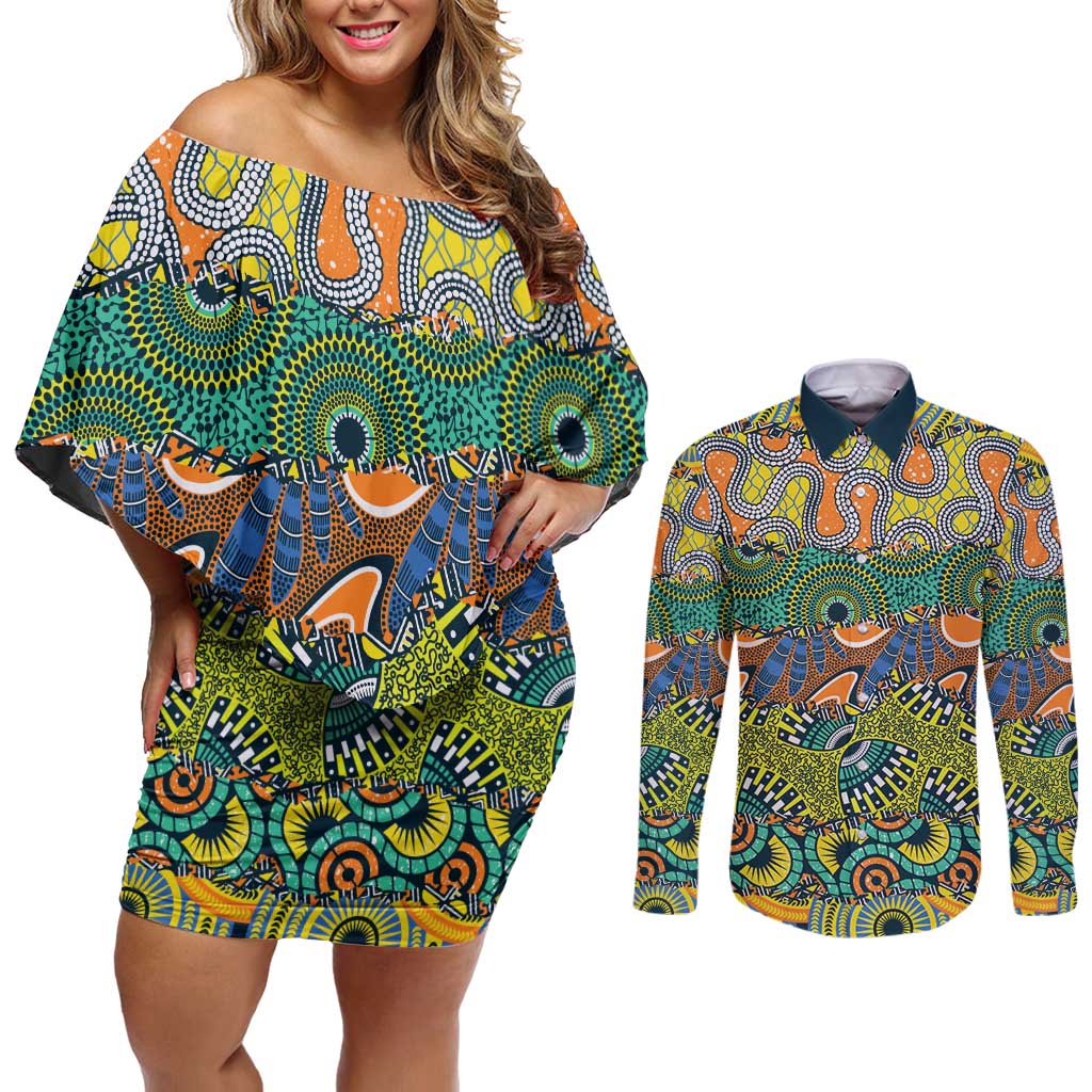 Africa Tribal Mixed Pattern Couples Matching Off Shoulder Short Dress and Long Sleeve Button Shirt - Wonder Print Shop