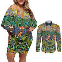 Africa Tribal Mixed Pattern Couples Matching Off Shoulder Short Dress and Long Sleeve Button Shirt - Wonder Print Shop