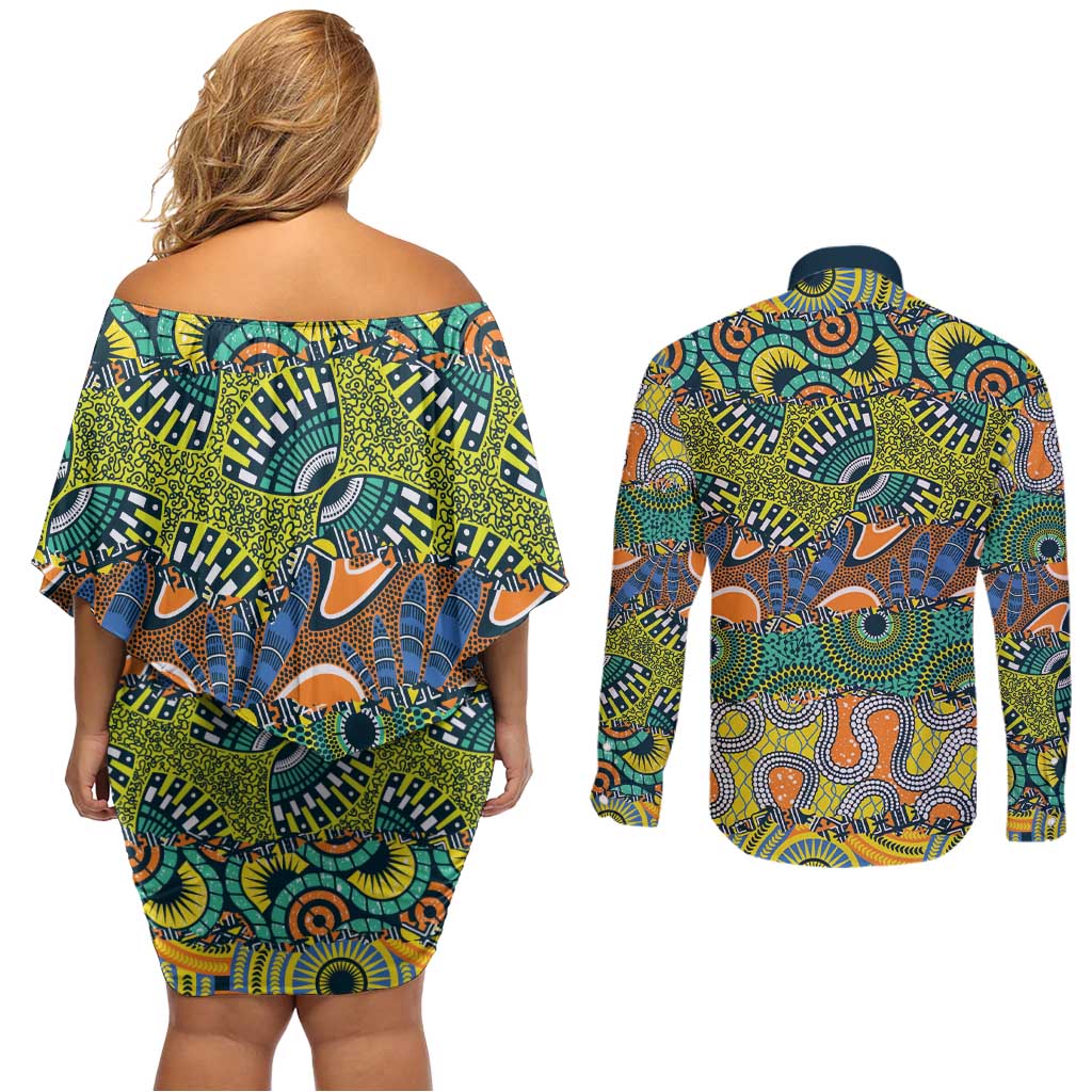 Africa Tribal Mixed Pattern Couples Matching Off Shoulder Short Dress and Long Sleeve Button Shirt - Wonder Print Shop