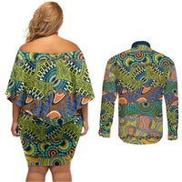 Africa Tribal Mixed Pattern Couples Matching Off Shoulder Short Dress and Long Sleeve Button Shirt - Wonder Print Shop