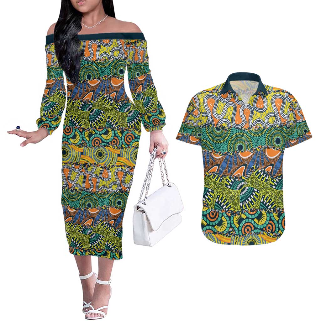 Africa Tribal Mixed Pattern Couples Matching Off The Shoulder Long Sleeve Dress and Hawaiian Shirt - Wonder Print Shop