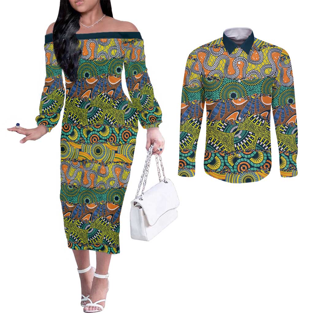 Africa Tribal Mixed Pattern Couples Matching Off The Shoulder Long Sleeve Dress and Long Sleeve Button Shirt - Wonder Print Shop