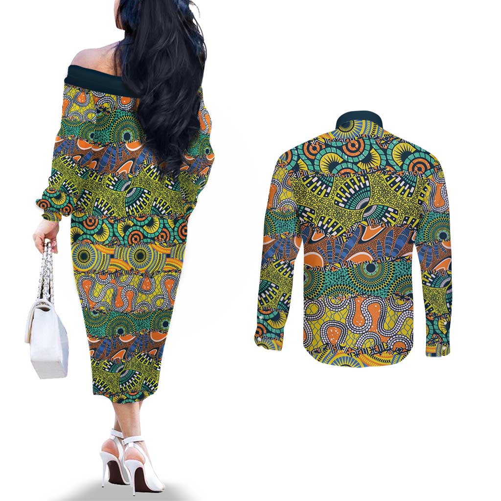 Africa Tribal Mixed Pattern Couples Matching Off The Shoulder Long Sleeve Dress and Long Sleeve Button Shirt - Wonder Print Shop