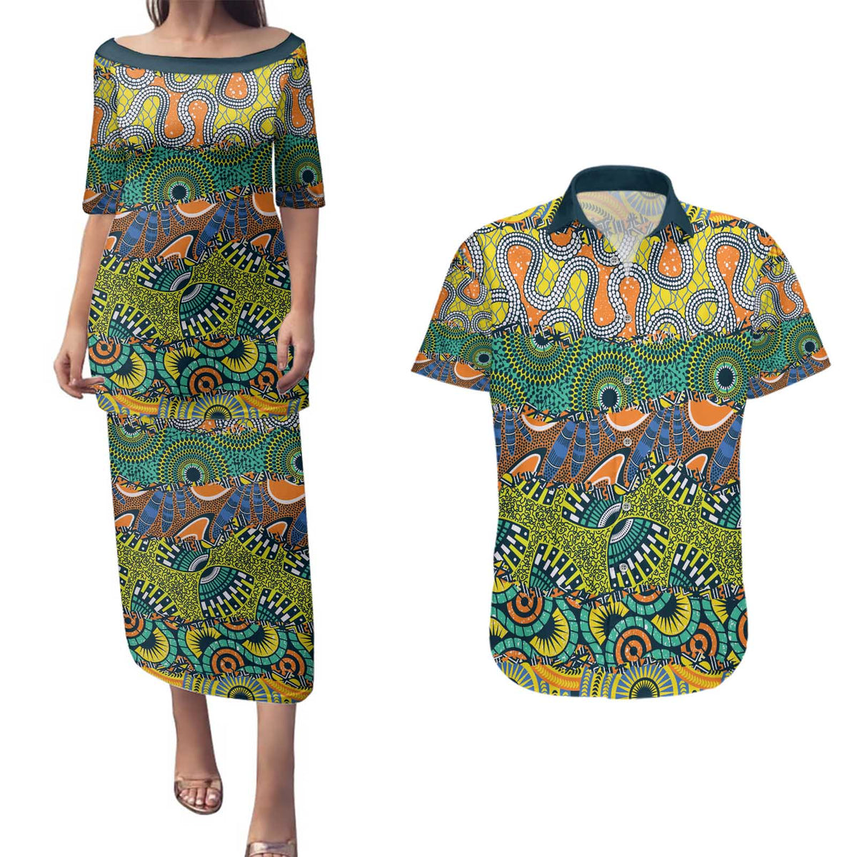 Africa Tribal Mixed Pattern Couples Matching Puletasi and Hawaiian Shirt - Wonder Print Shop