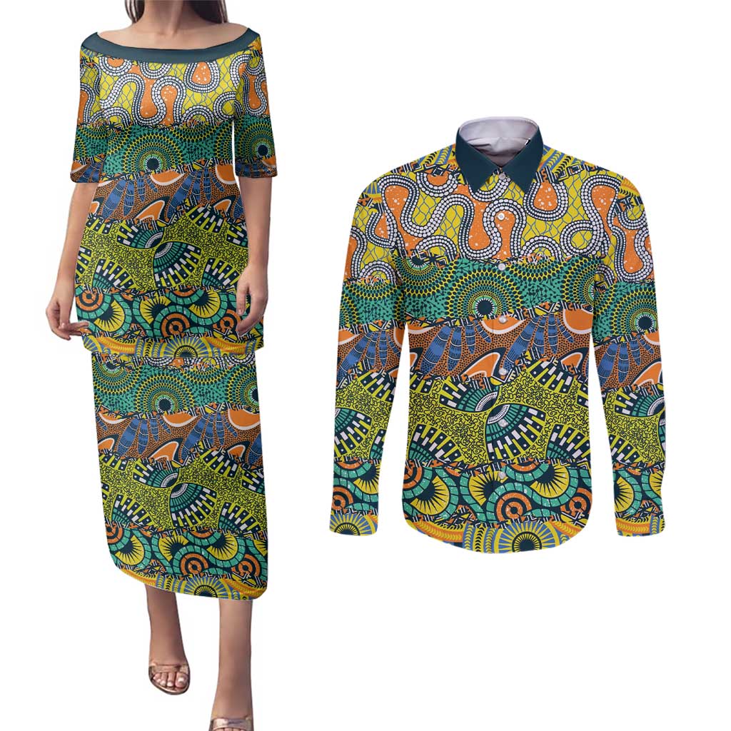 Africa Tribal Mixed Pattern Couples Matching Puletasi and Long Sleeve Button Shirt - Wonder Print Shop