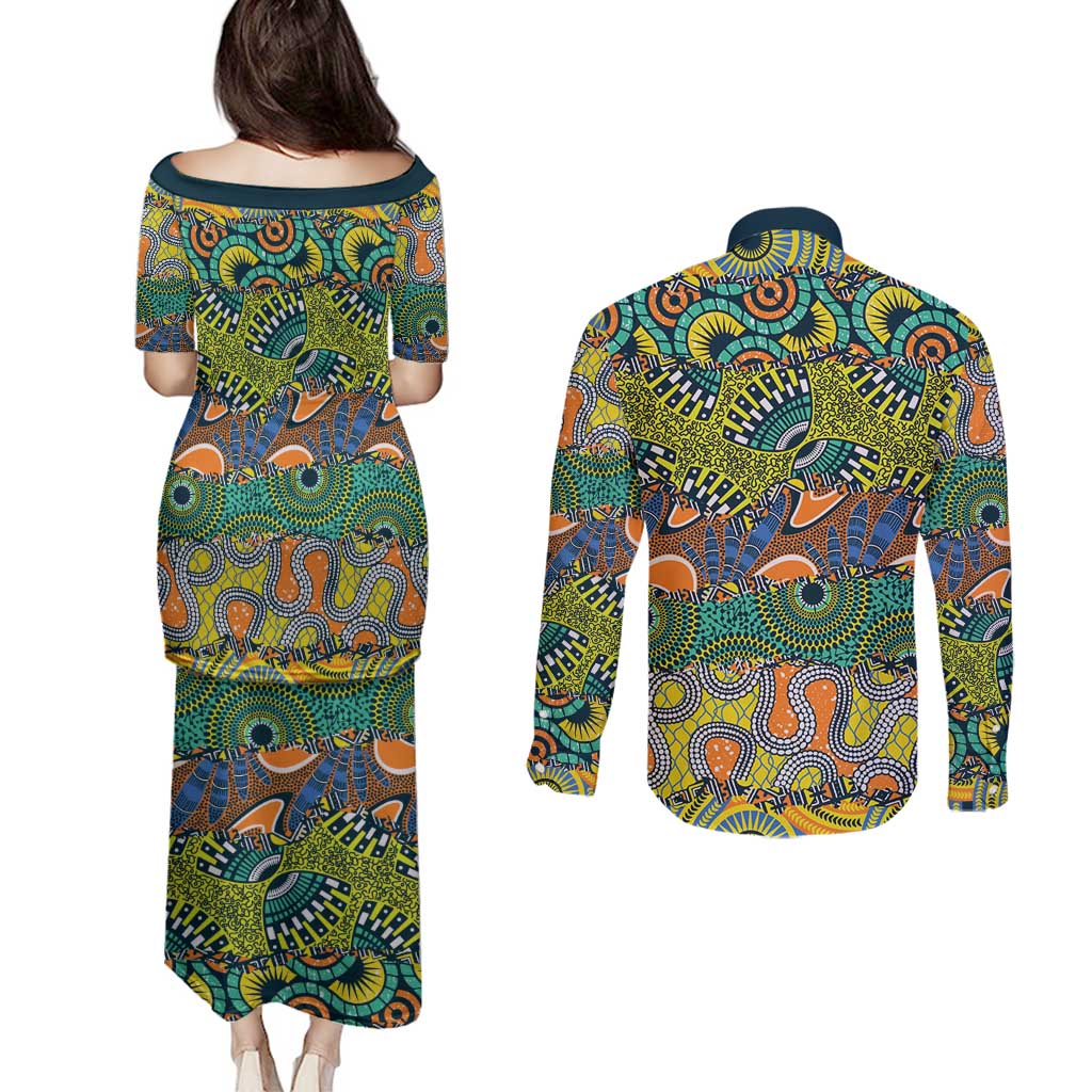 Africa Tribal Mixed Pattern Couples Matching Puletasi and Long Sleeve Button Shirt - Wonder Print Shop