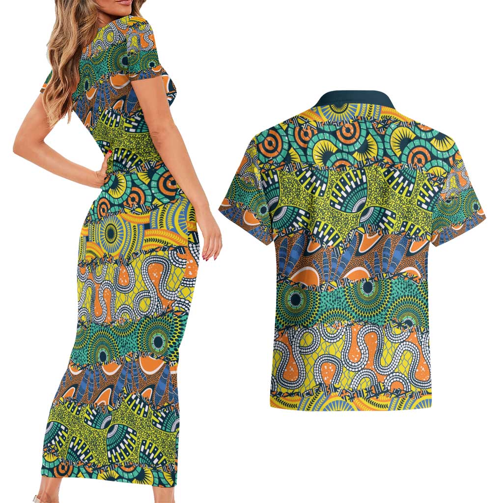Africa Tribal Mixed Pattern Couples Matching Short Sleeve Bodycon Dress and Hawaiian Shirt - Wonder Print Shop