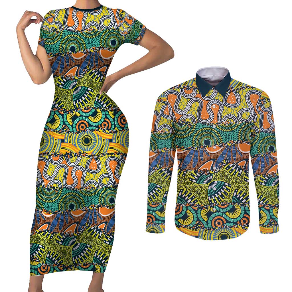 Africa Tribal Mixed Pattern Couples Matching Short Sleeve Bodycon Dress and Long Sleeve Button Shirt - Wonder Print Shop